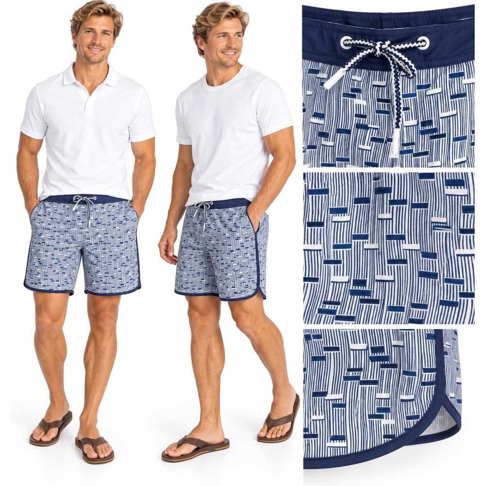 Johnnie-O M Twilight Milo Swim Trunks Blue Geometric Board Shorts Preppy Resort